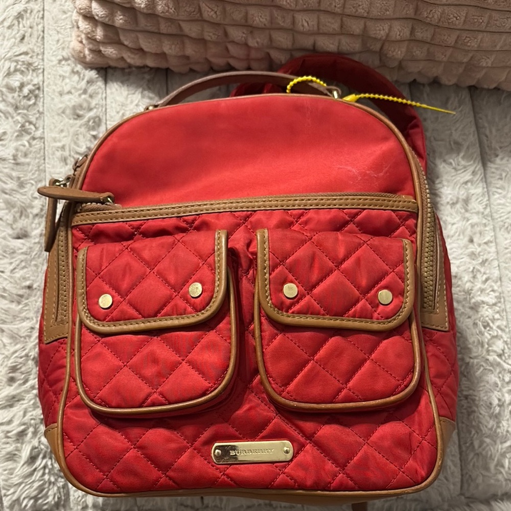 Burberry Red and Tan Quilted Backpack with Gold Hardware